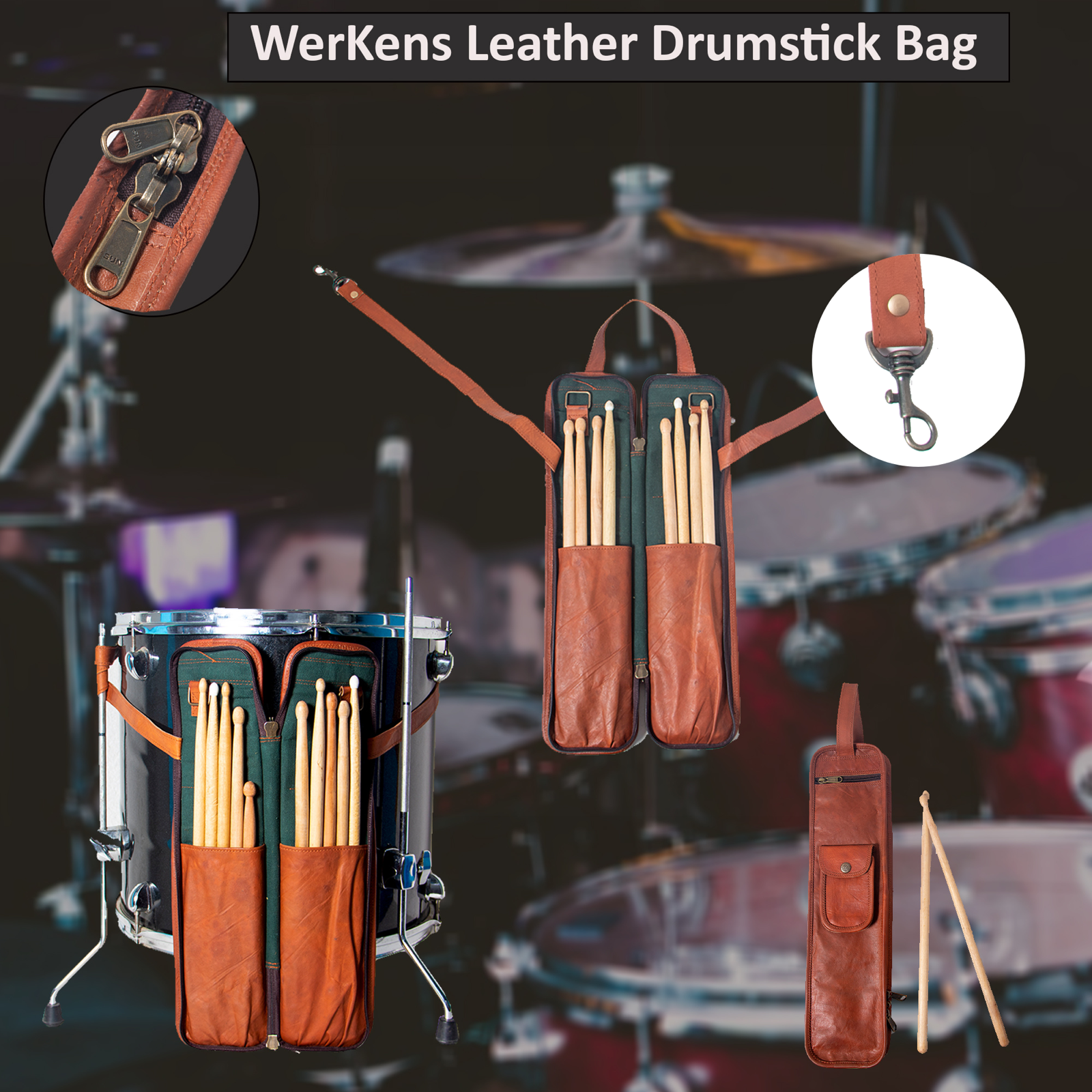  WerKens Leather Drumstick Bag Floor Tom Hooks Holds 10