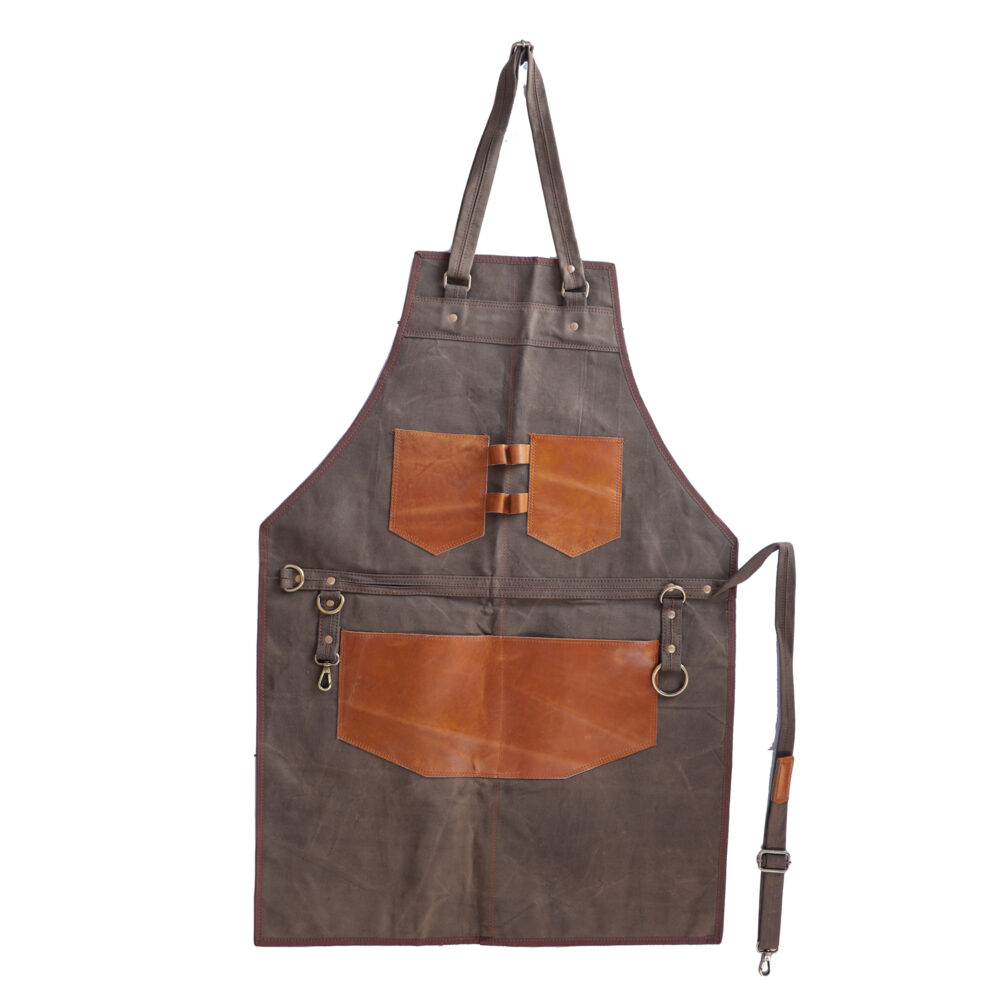 Genuine Leather Butcher Apron – Brown/Green – Unisex BBQ Cooking Gift